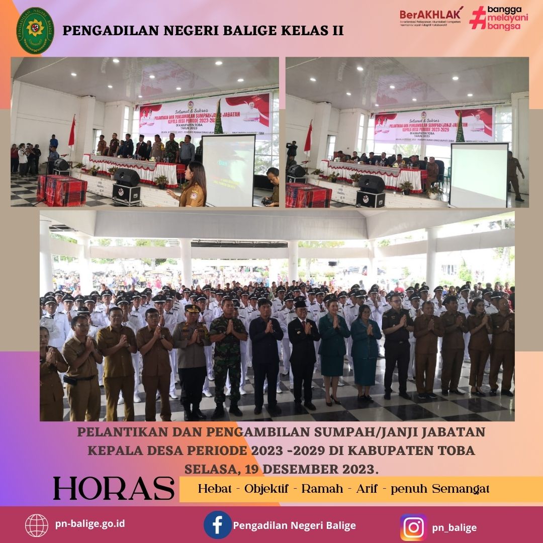 Pelantikan dan pengambilan sumpah/janji jabatan  Kepala Desa periode 2023 -2029 di Kabupaten Toba